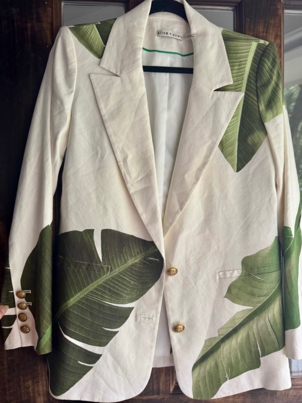 Alice + Olivia Cream Blazer with Green Leaf Motif